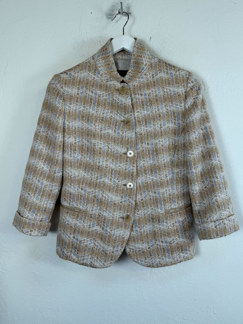 Emporio Armani Womens Tweed Blazer Cropped 3/4 Sleeve Mandarin Collar Beige/Blue